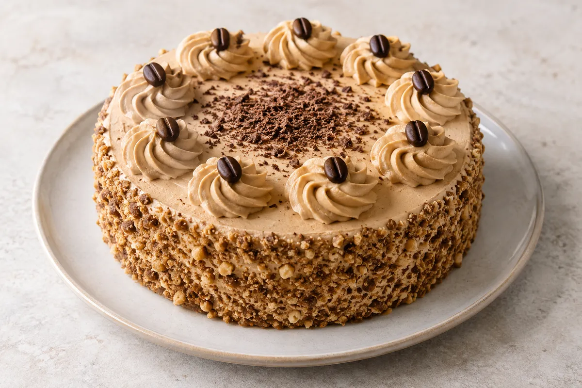 Gâteau moka sur un fond de lin clair.