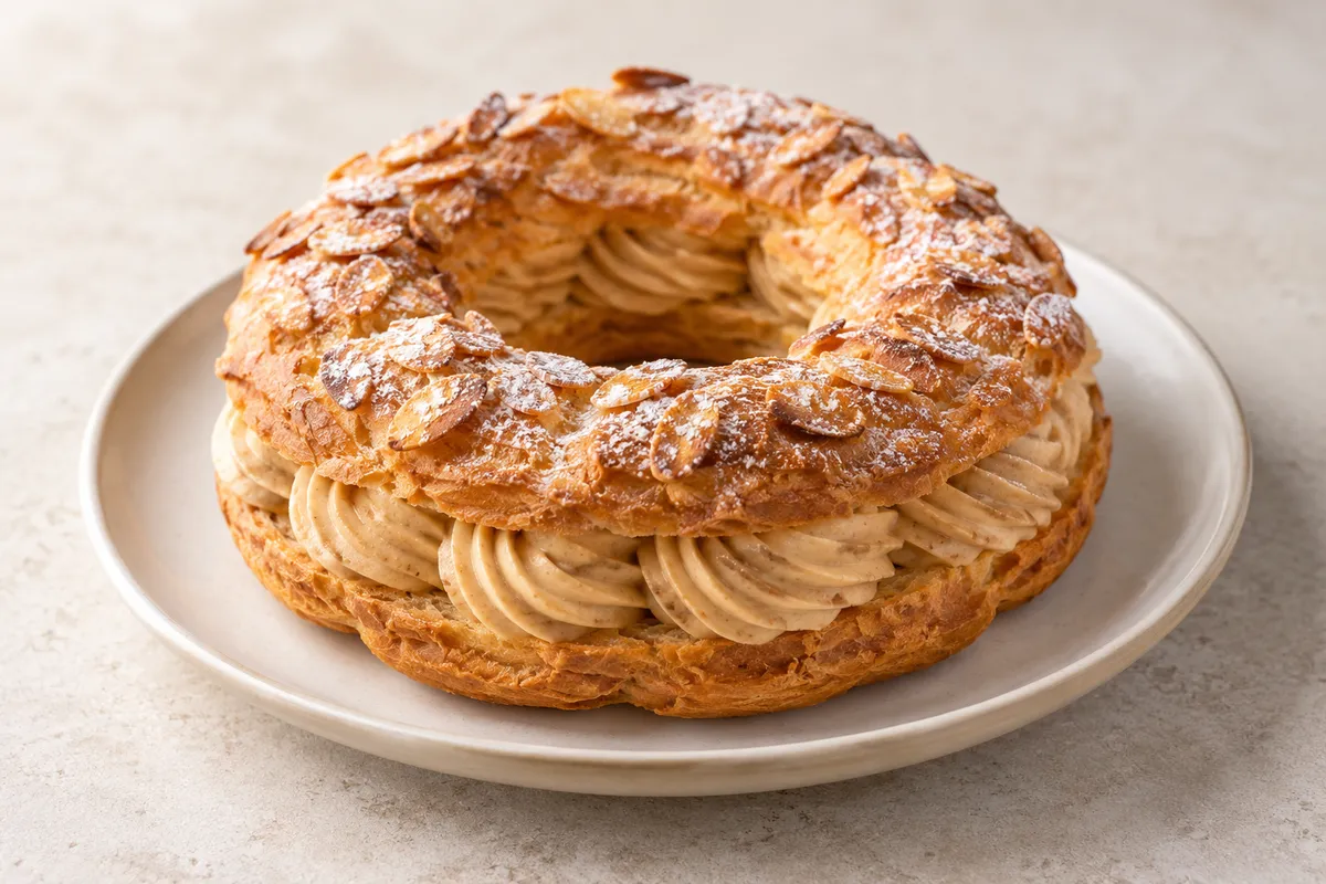 Gâteau Paris-Brest sur un fond de lin clair.