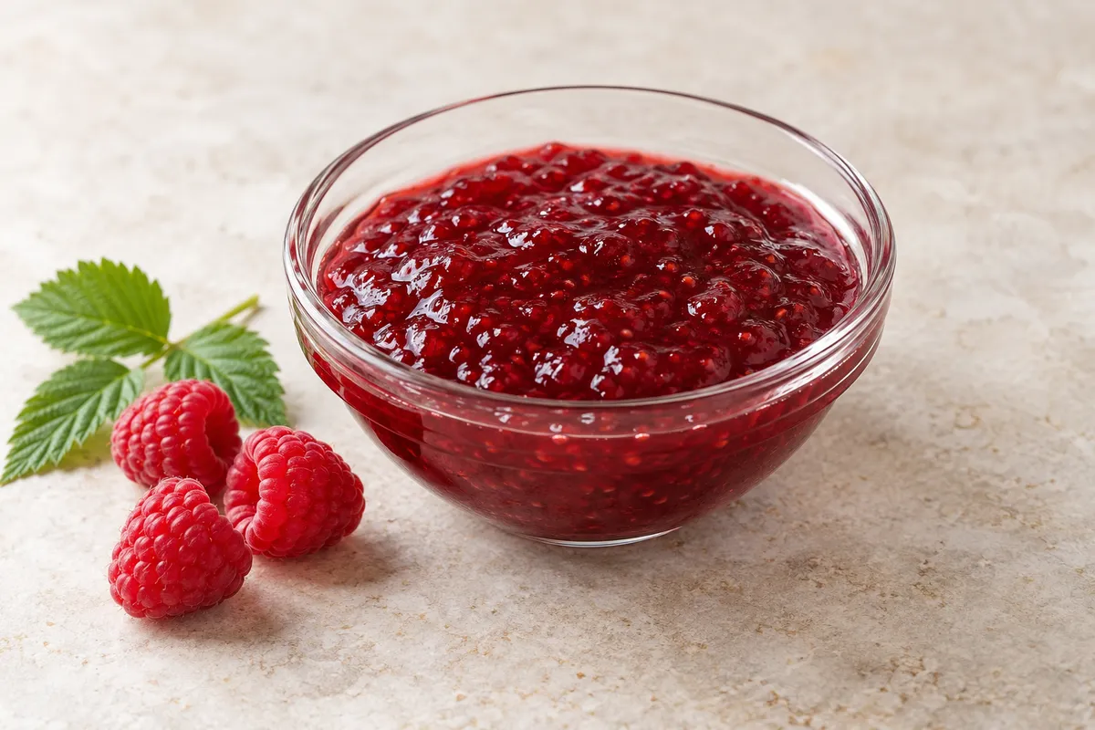 Gelée de framboise sur un fond de lin clair.