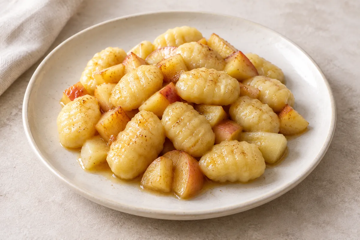 Gnocchi à la pomme sur un fond de lin clair.