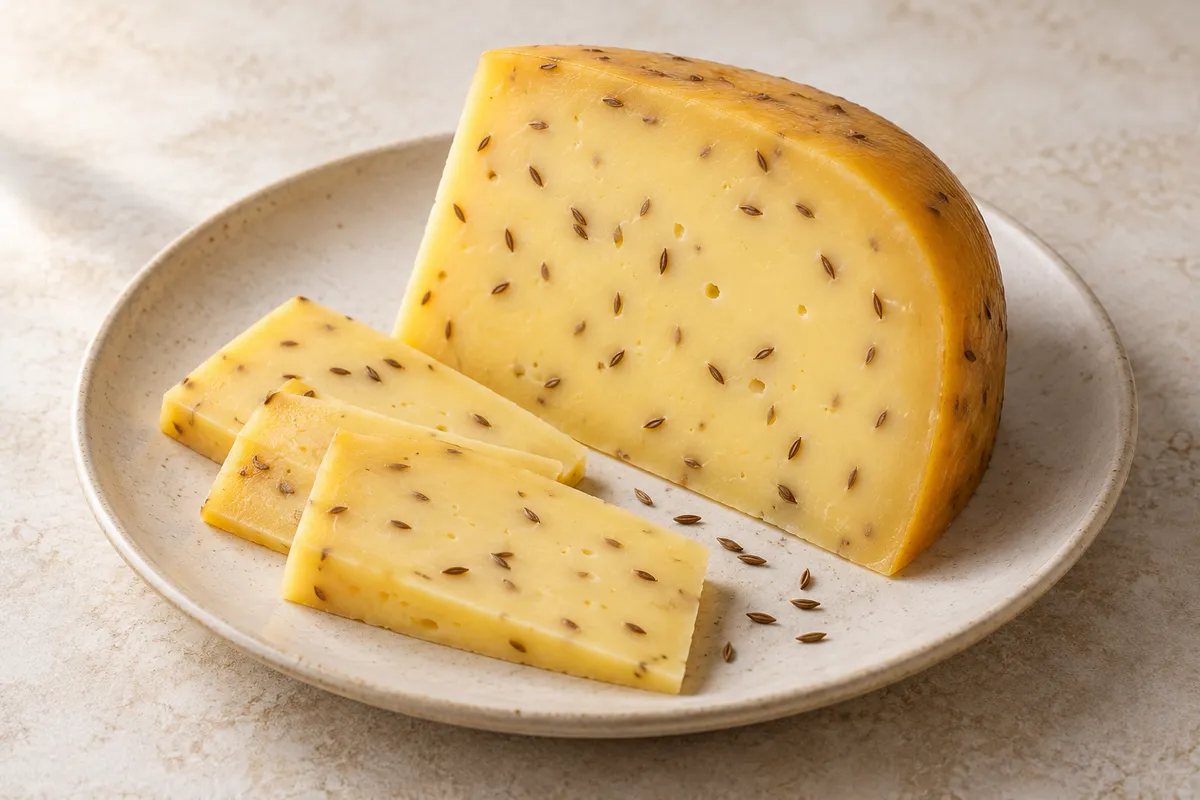 Gouda au cumin sur un fond de lin clair.