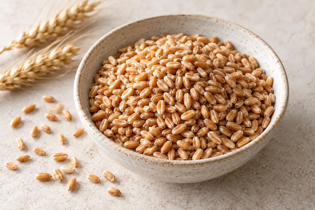 Grains de blé sur un fond de lin clair.