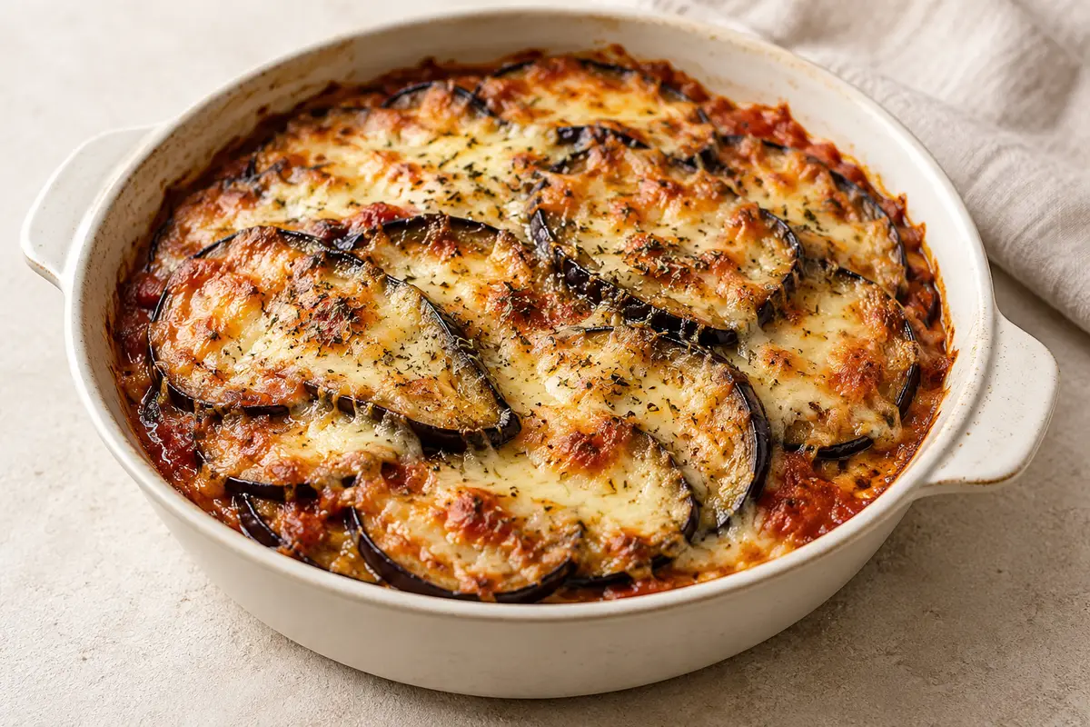 Gratin d'aubergine sur un fond de lin clair.