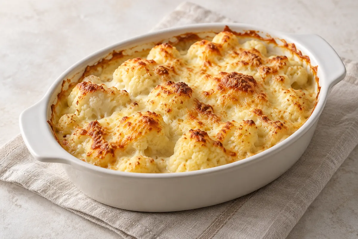 Gratin de chou-fleur sur un fond de lin clair.