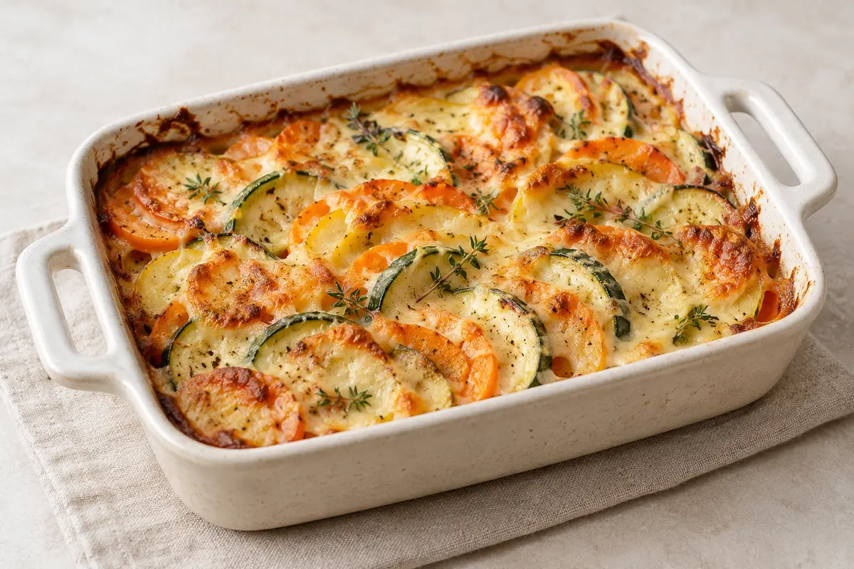 Gratin de légumes sur un fond de lin clair.