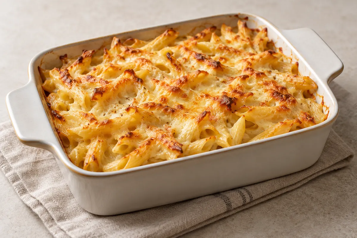 Gratin de pâtes sur un fond de lin clair.