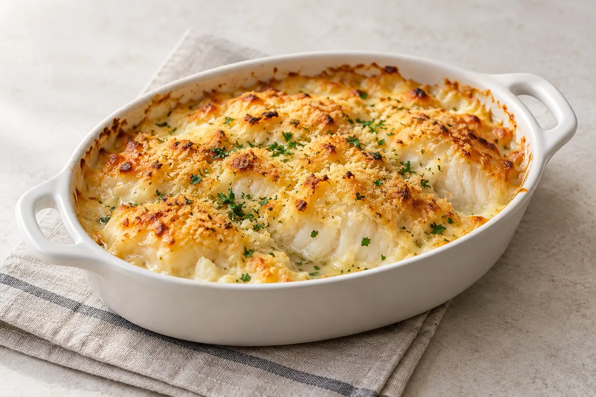 Gratin de poisson sur un fond de lin clair.
