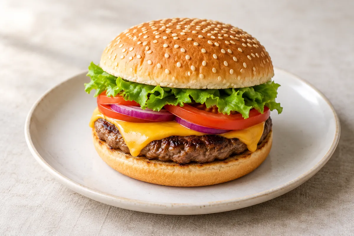 Hamburger de restauration sur un fond de lin clair.