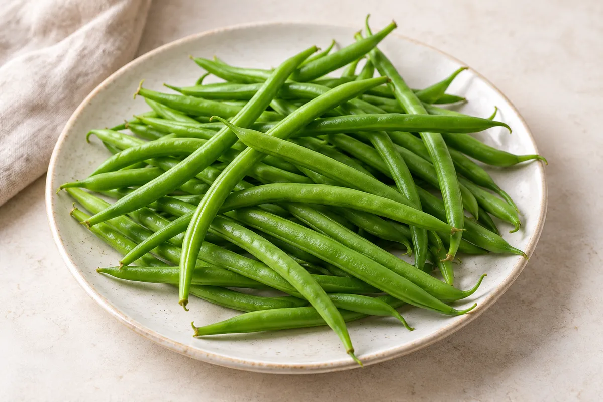 Haricot vert sur un fond de lin clair.