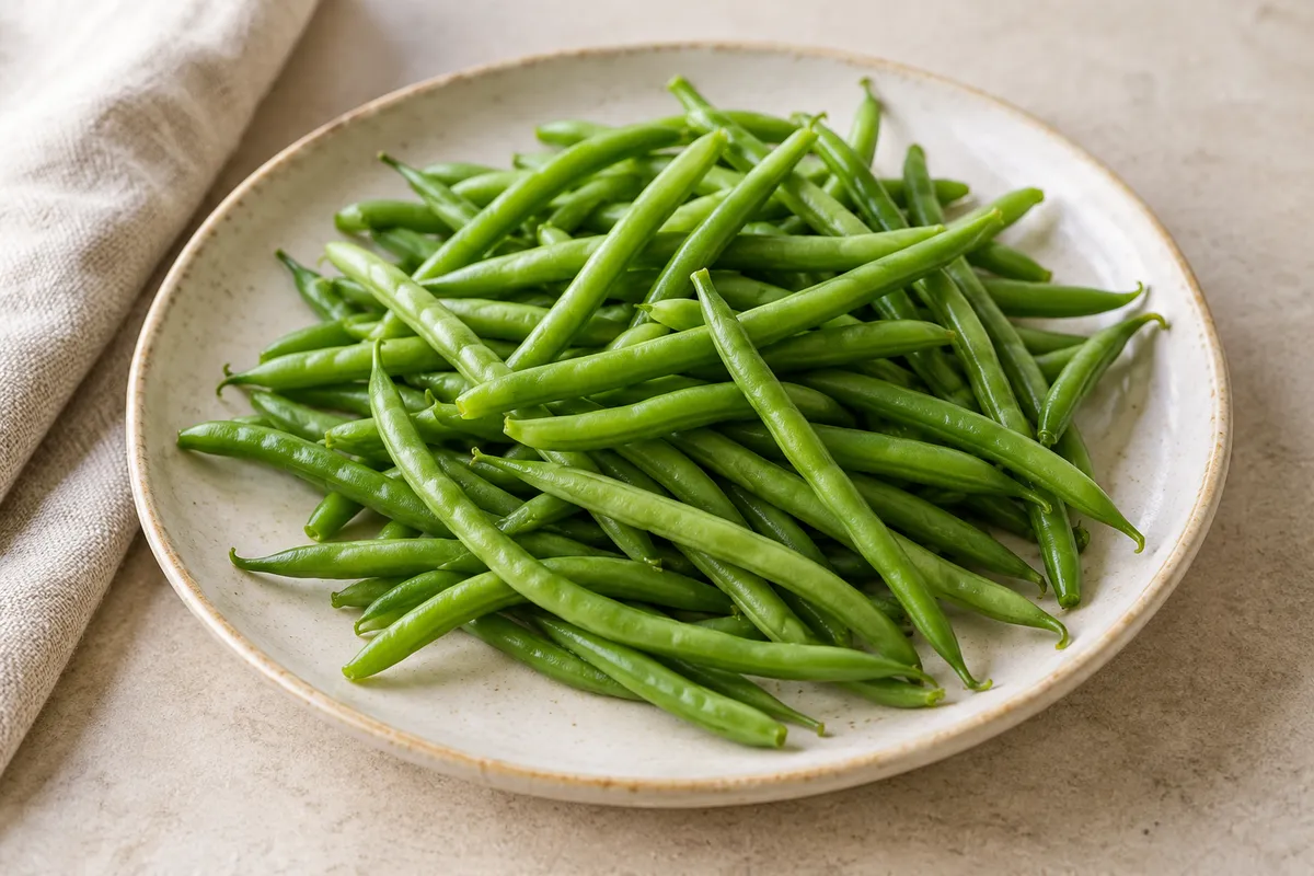 Haricot verts sur un fond de lin clair.