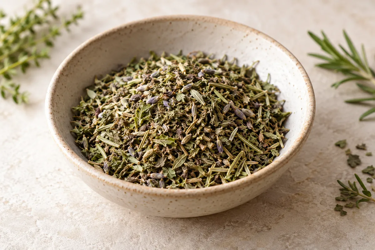 Herbes de provence sur un fond de lin clair.