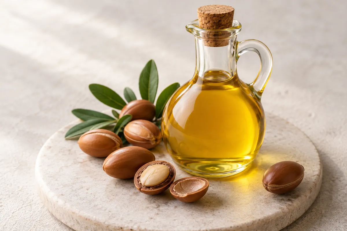 Huile d'argan sur un fond de lin clair.