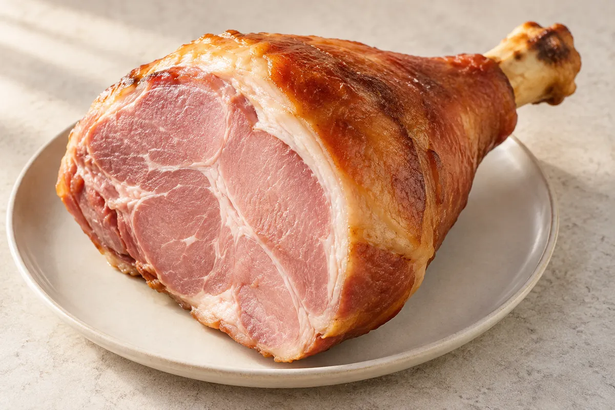 Jambon à l'os sur un fond de lin clair.