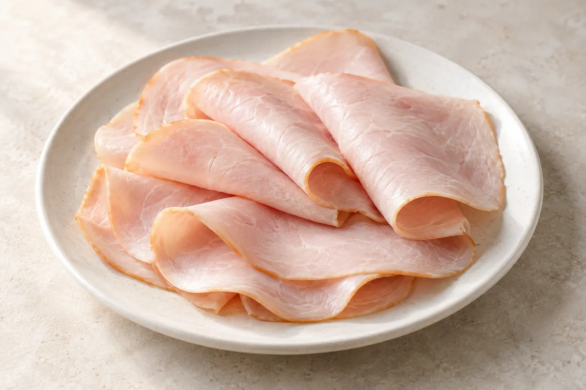 Jambon de dinde sur un fond de lin clair.