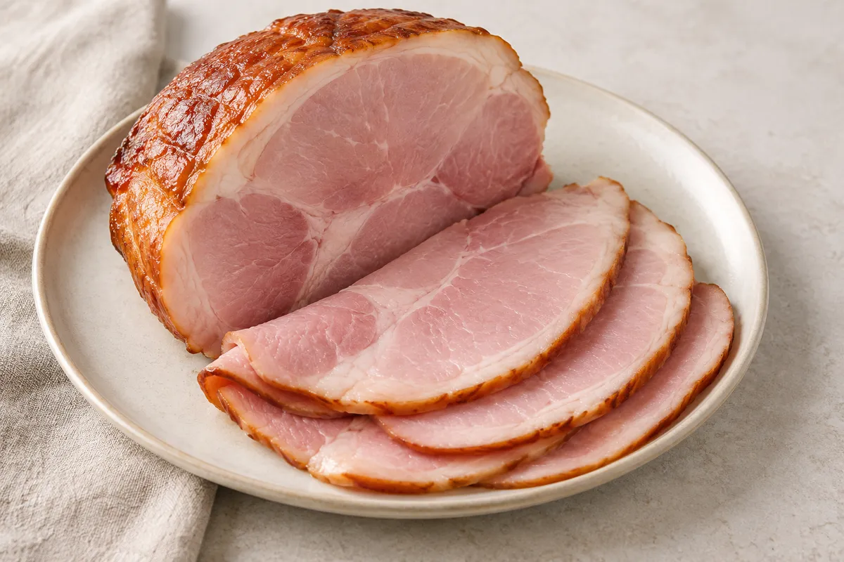 Jambon de porc sur un fond de lin clair.
