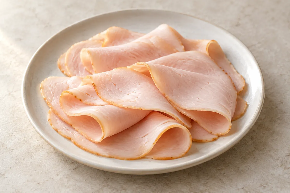 Jambon de poulet sur un fond de lin clair.