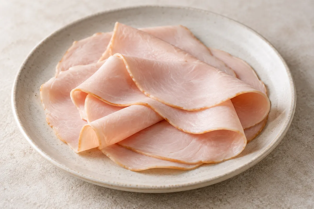 Jambon de volaille sur un fond de lin clair.