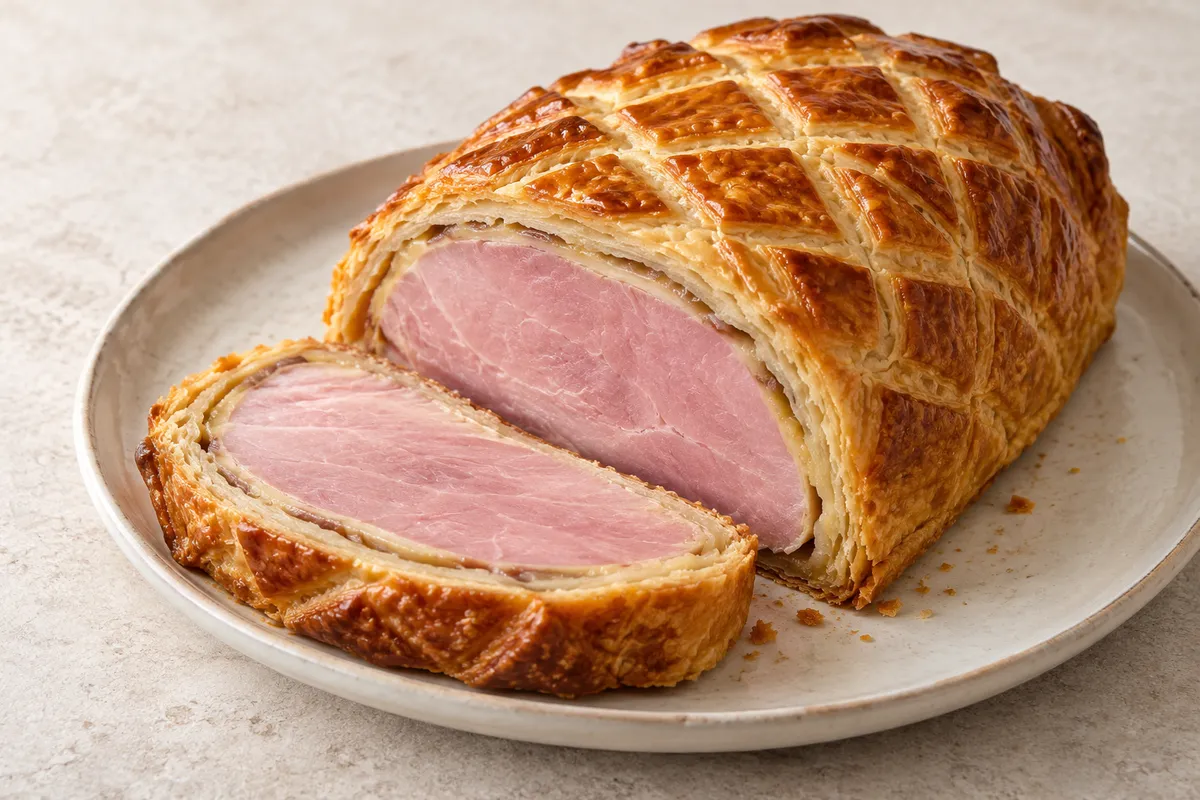 Jambon en croûte sur un fond de lin clair.