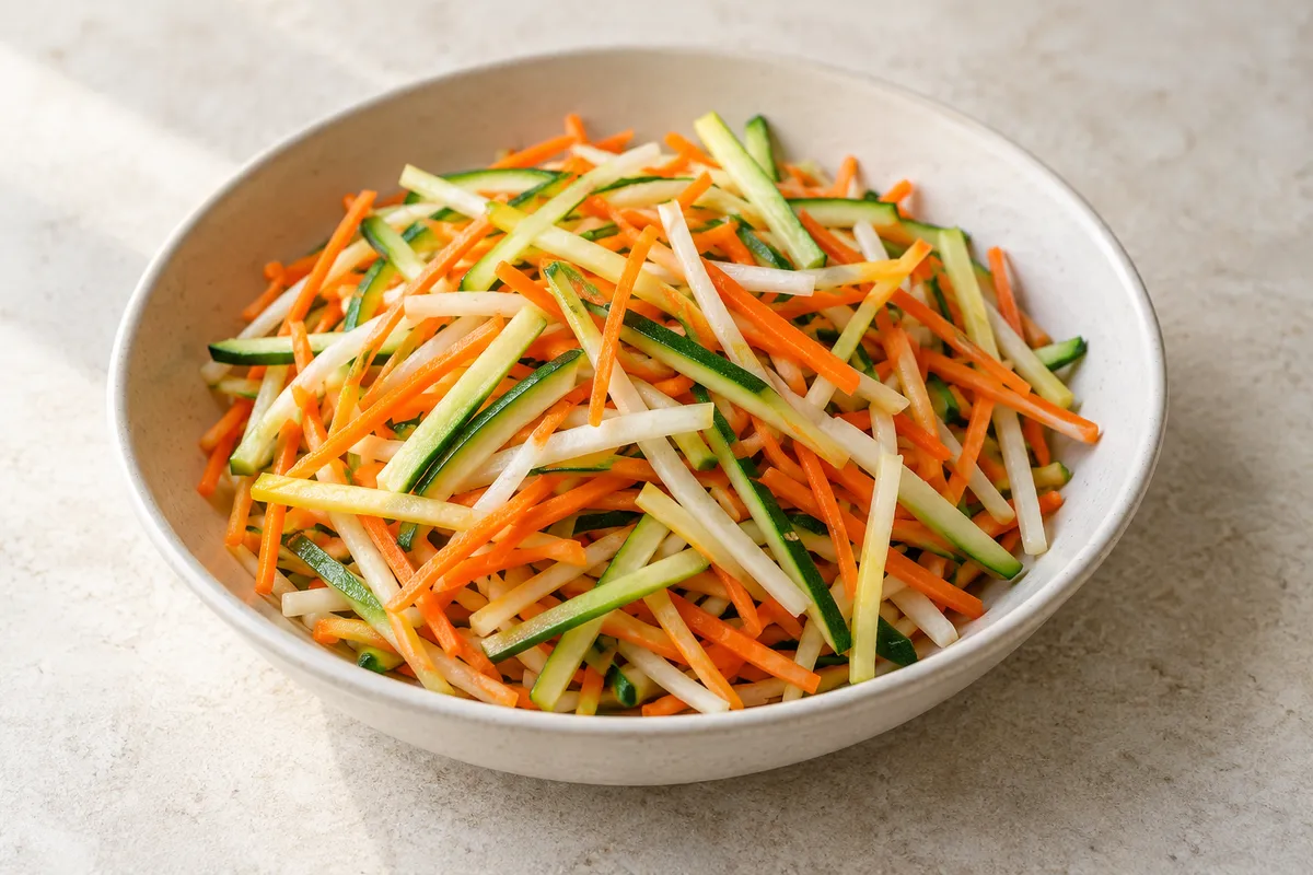 Julienne de légumes sur un fond de lin clair.
