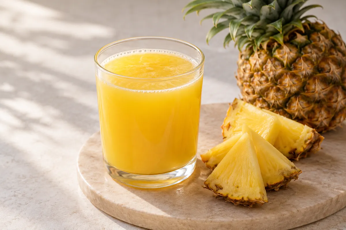 Jus d'ananas sur un fond de lin clair.