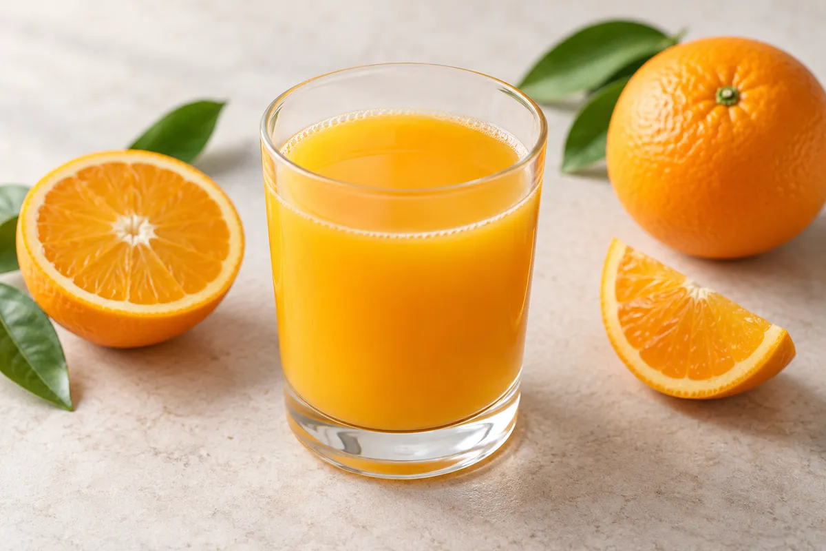 Jus d'orange sur un fond de lin clair.