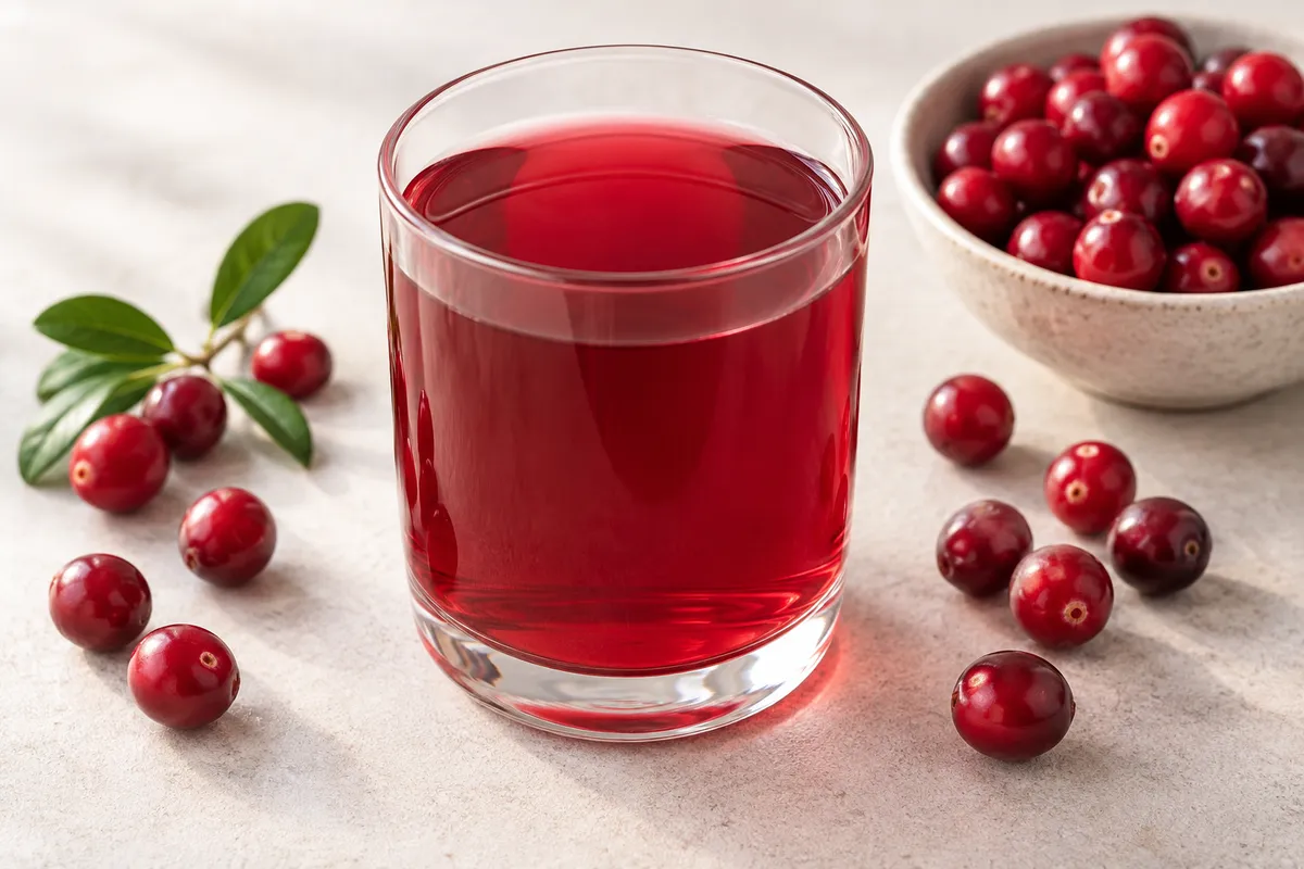 Jus de canneberge sur un fond de lin clair.