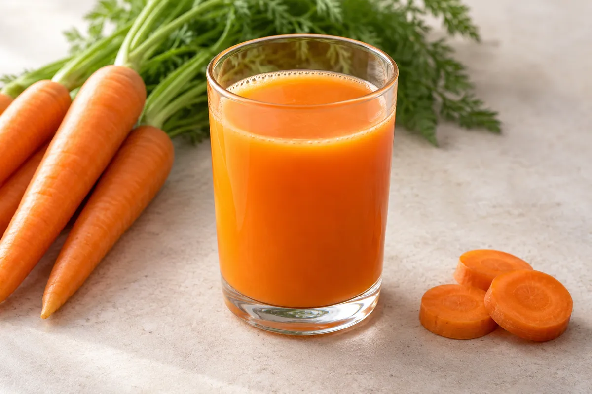 Jus de carotte sur un fond de lin clair.
