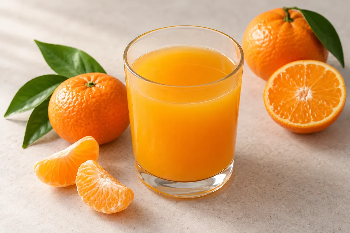 Jus de clémentine sur un fond de lin clair.