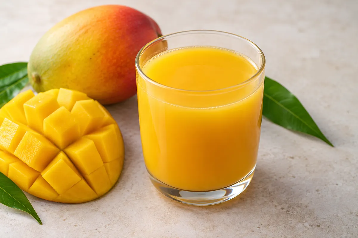 Jus de mangue sur un fond de lin clair.