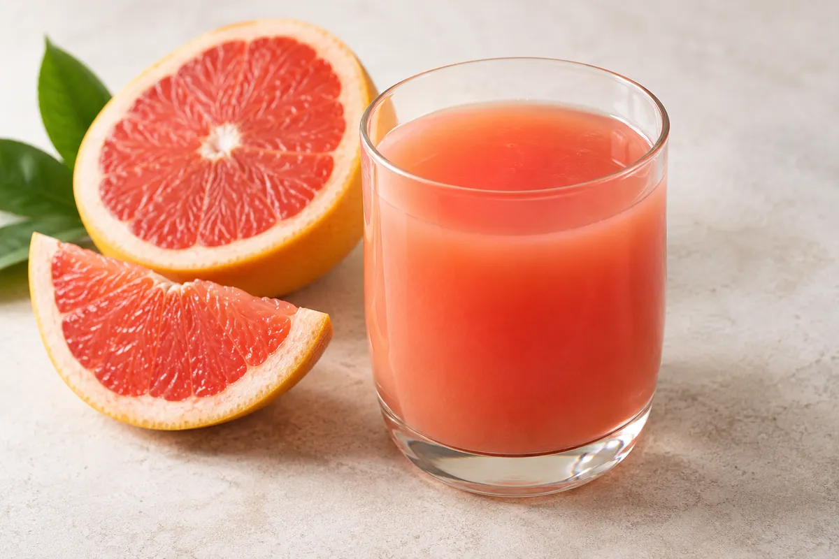 Jus de pamplemousse sur un fond de lin clair.