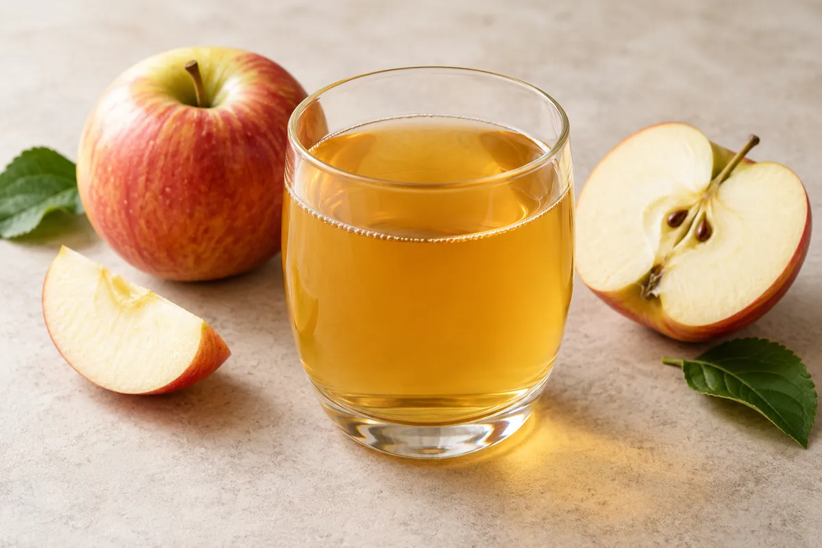 Jus de pomme sur un fond de lin clair.