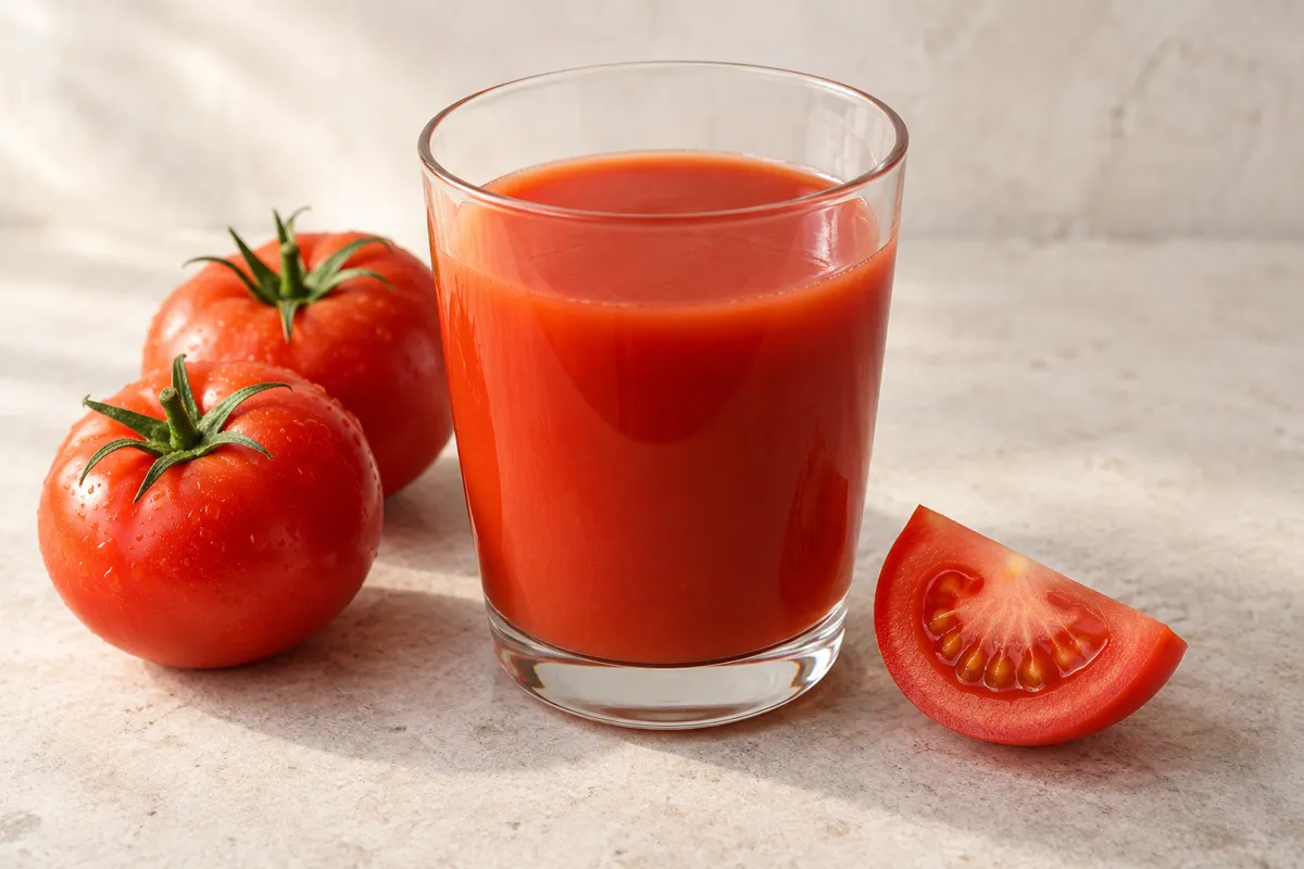 Jus de tomate sur un fond de lin clair.