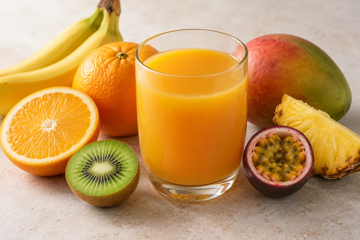 Jus multifruit sur un fond de lin clair.