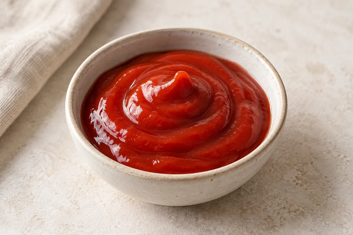 Ketchup sur un fond de lin clair.