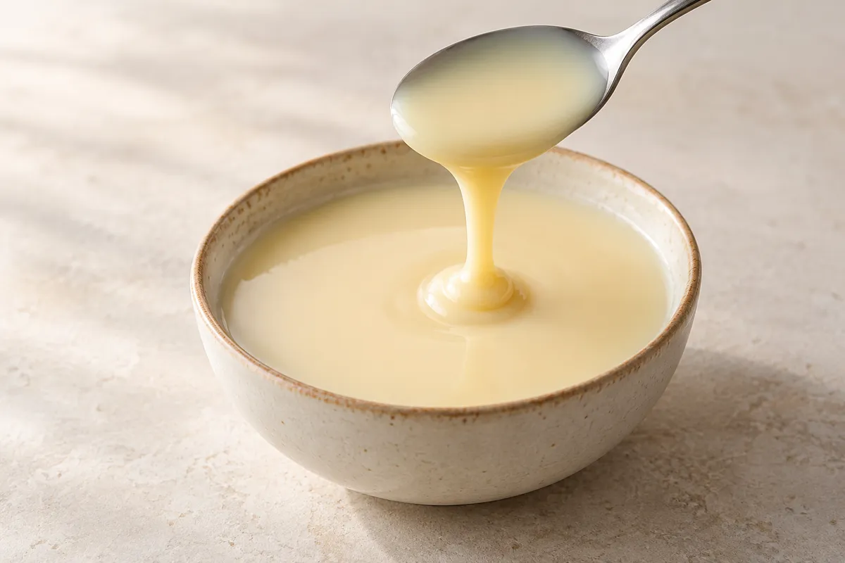 Lait concentré sur un fond de lin clair.