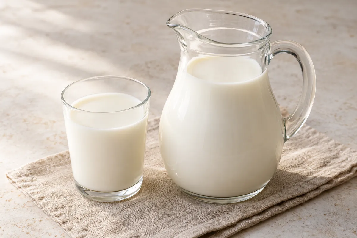 Lait de brebis sur un fond de lin clair.