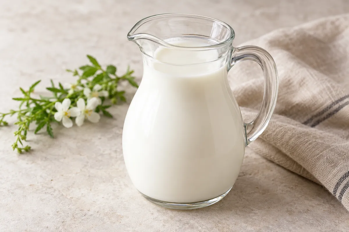 Lait de chèvre sur un fond de lin clair.
