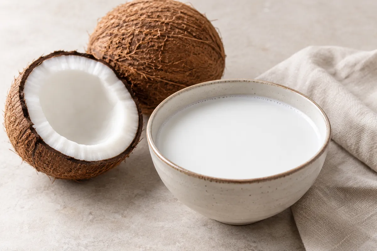 Lait de coco sur un fond de lin clair.