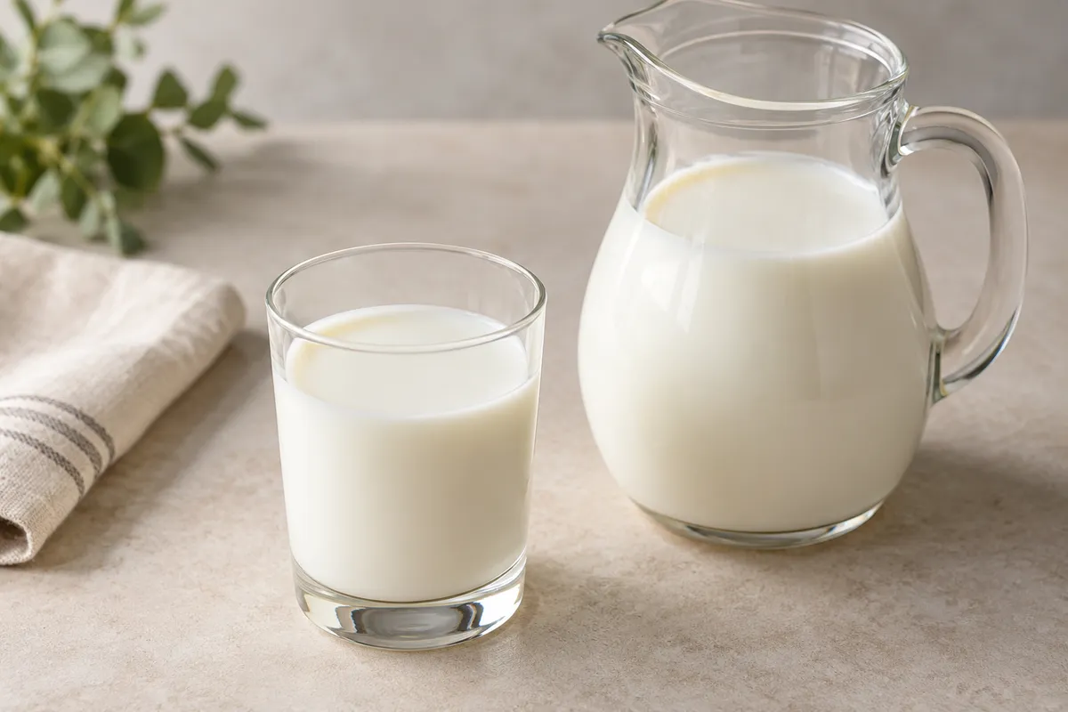Lait demi-écrémé sur un fond de lin clair.