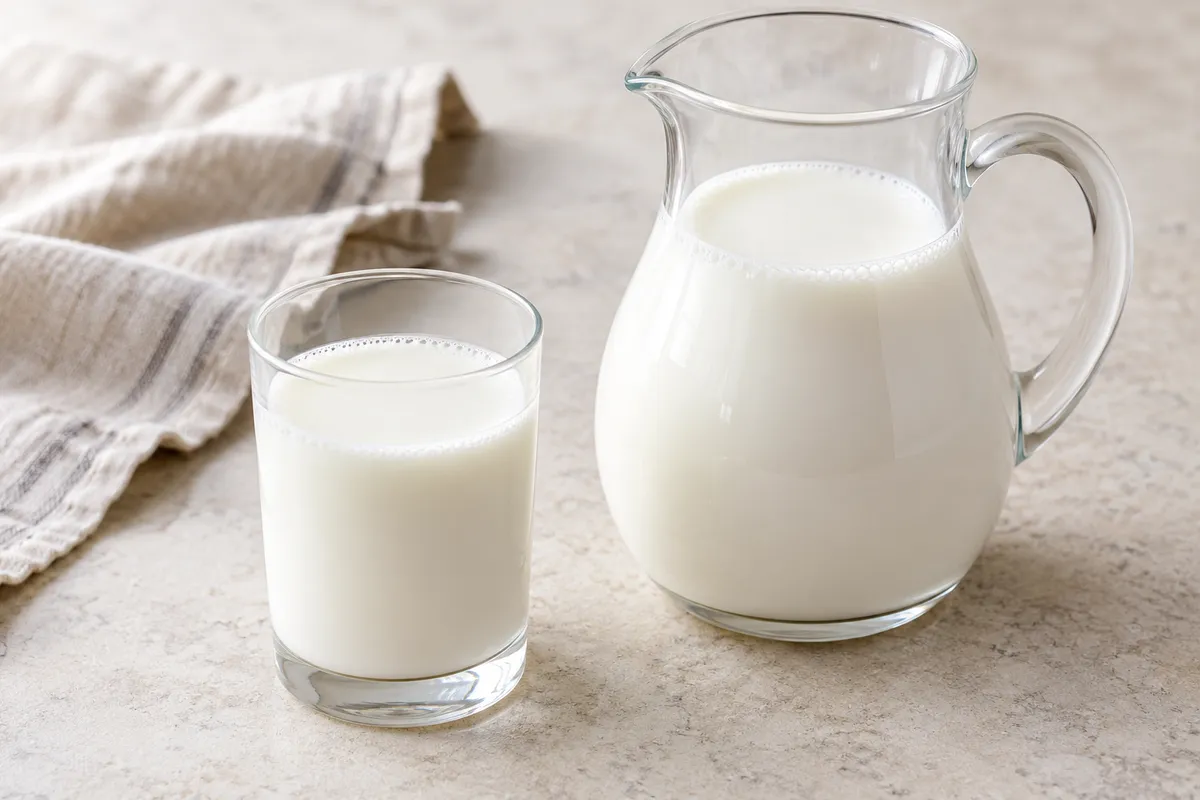 Lait écrémé sur un fond de lin clair.