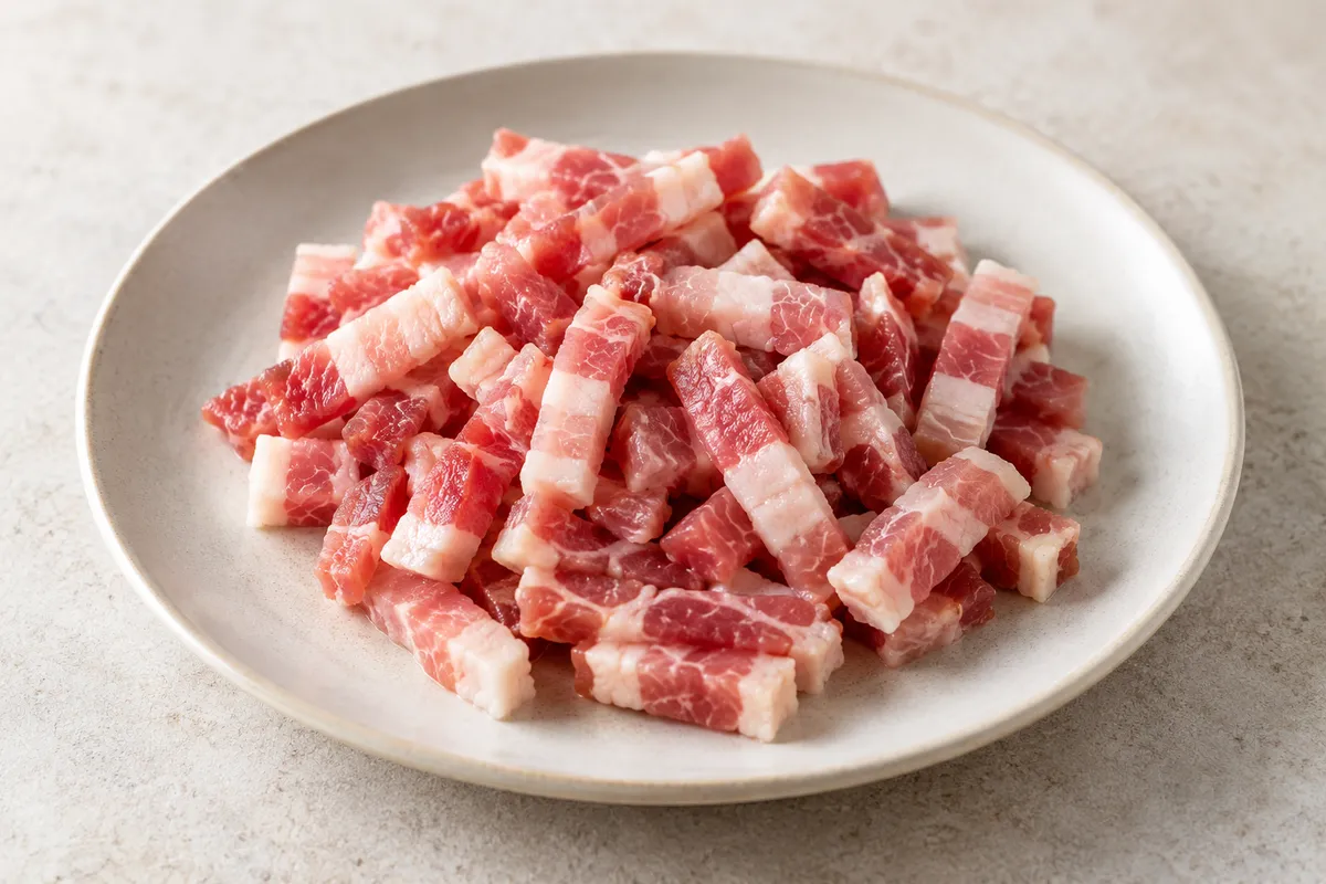 Lardon sur un fond de lin clair.