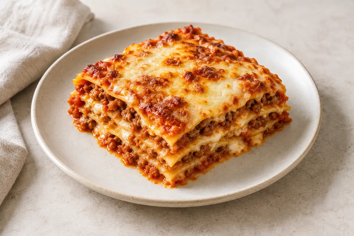Lasagne à la viande sur un fond de lin clair.