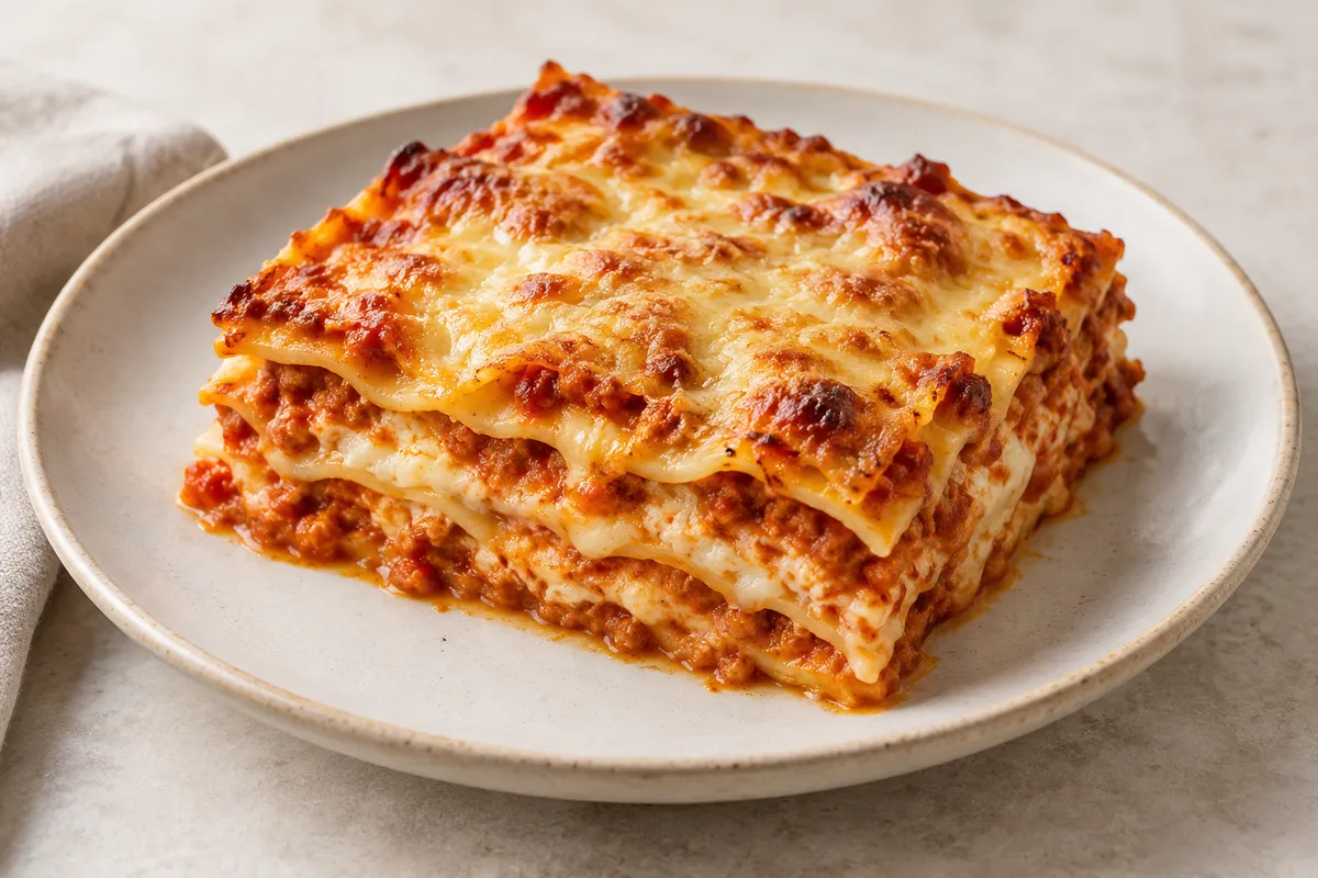 Lasagne au fromage sur un fond de lin clair.