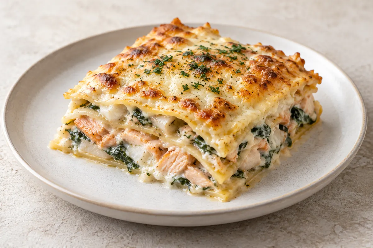 Lasagne au poisson sur un fond de lin clair.