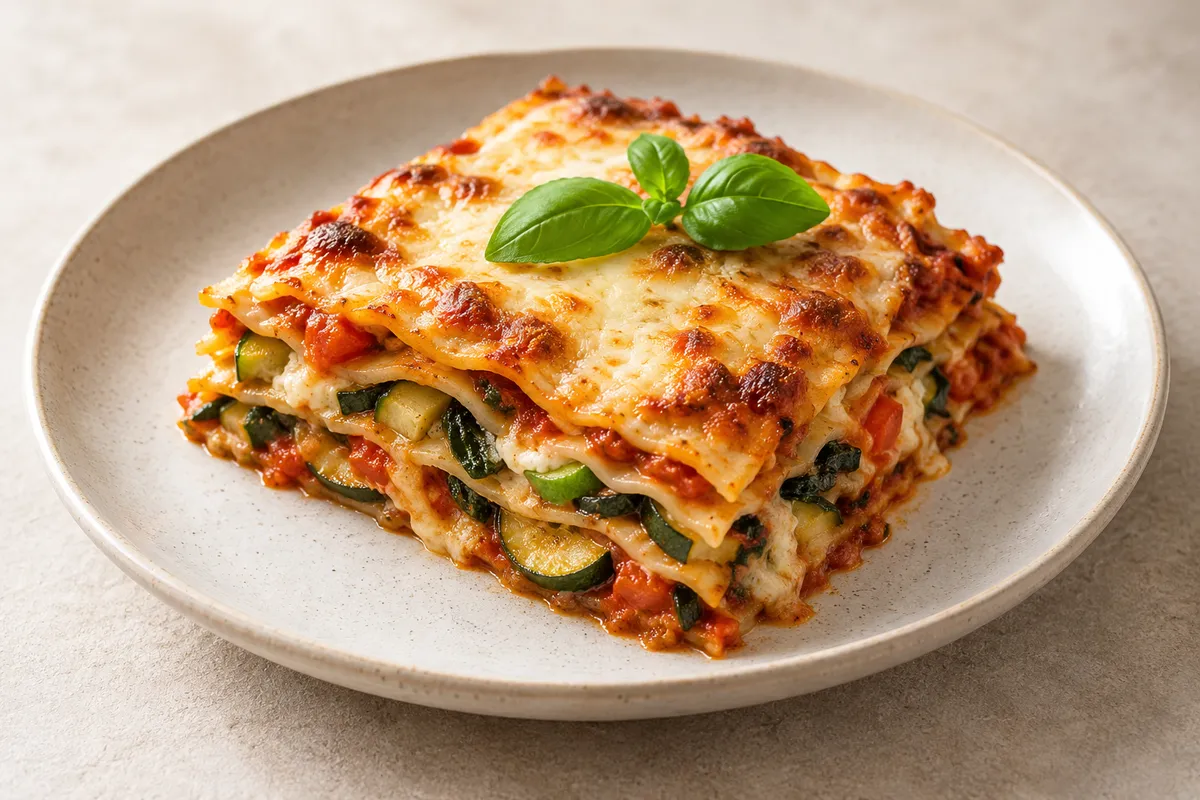 Lasagne aux légumes sur un fond de lin clair.