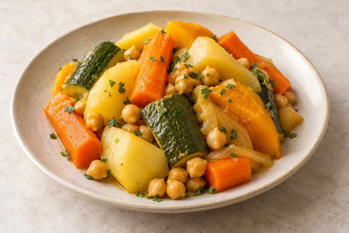Légumes pour couscous sur un fond de lin clair.