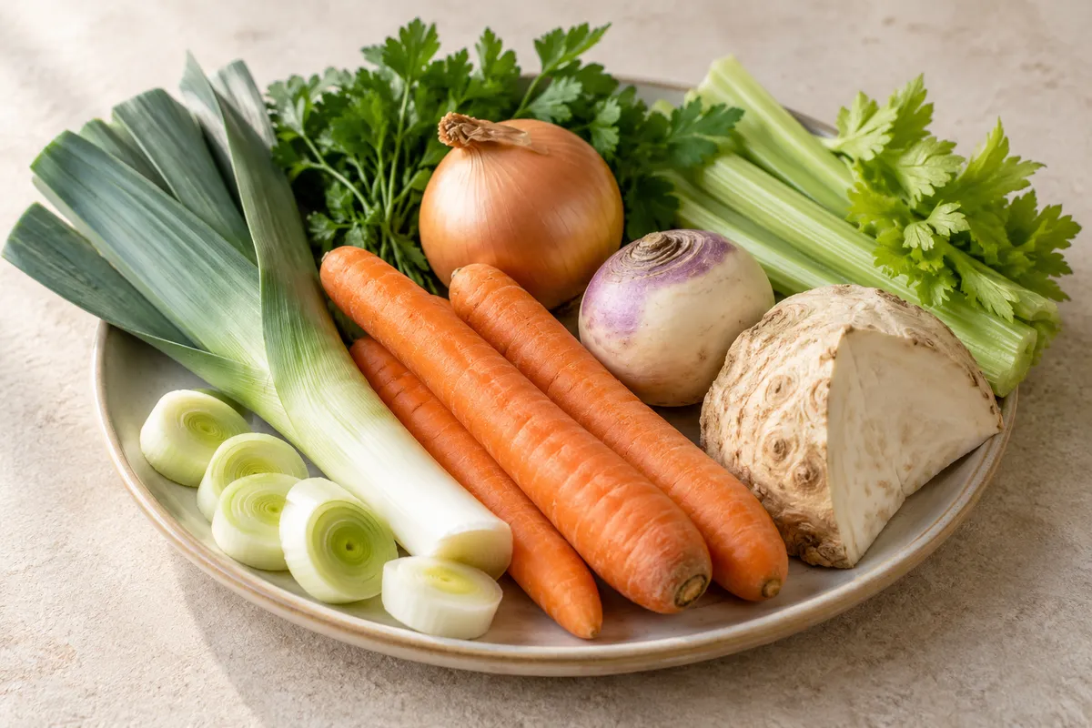 Légumes pour potages sur un fond de lin clair.