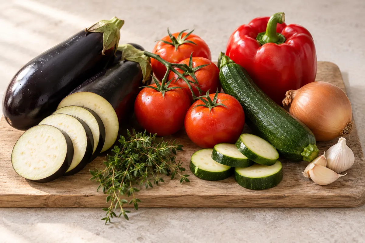 Légumes pour ratatouille sur un fond de lin clair.