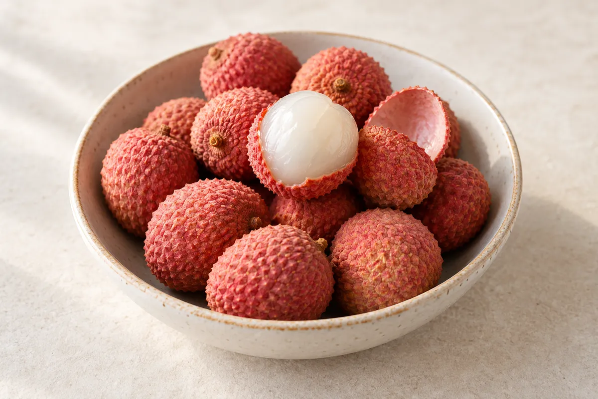 Litchi sur un fond de lin clair.