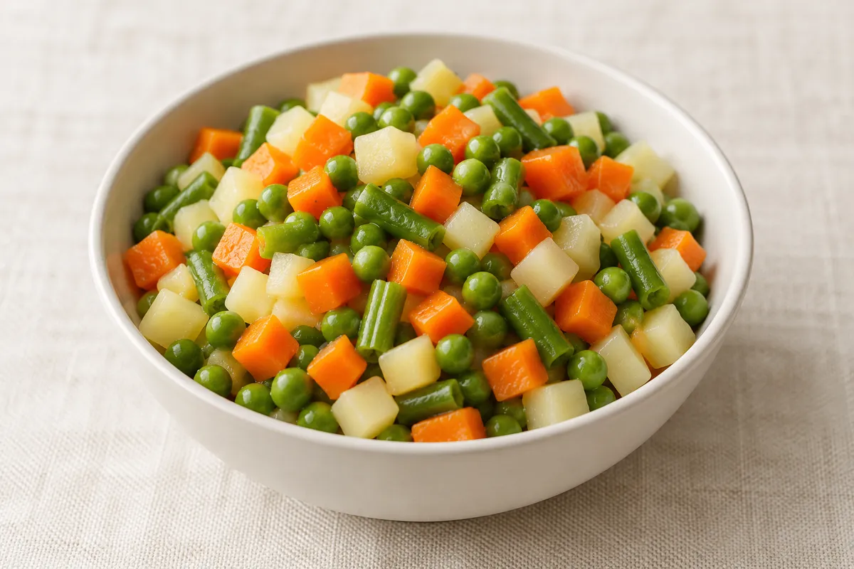 Macédoine de légumes sur un fond de lin clair.